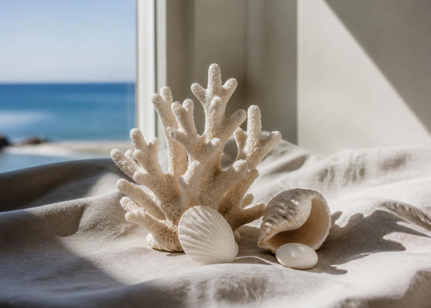 Coral blanco y conchas junto a una ventana con vistas al mar