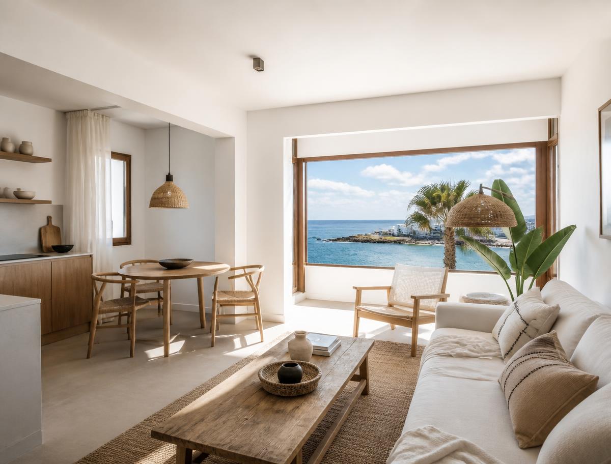 Interior luminoso de un apartamento canario con vistas al mar